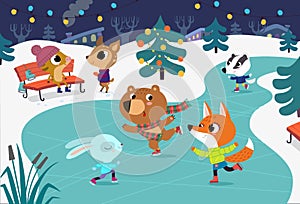 Cute baby animals skate on frozen river. Children have fun in the winter. Little fox, rabbit, badger and bear have fun