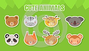 Cute Baby Animals Stickers Collection, Head of Bear, Zebra, Giraffe, Koala, Panda, Fox, Deer, Monkey Vector Illustration photo
