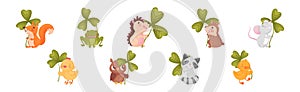 Cute Baby Animals with Three Leaf Clover Vector Set