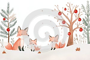 Cute baby animals in winter forest scene. Watercolor illustration shows foxes family in snowy landscape. Christmas woodland photo