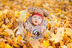 Cute baby in autumn leaves.