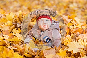 Cute baby in autumn leaves.