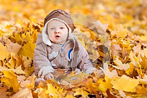 Cute baby in autumn leaves.