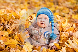 Cute baby in autumn leaves.