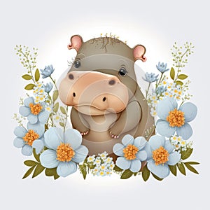 Cute Baby Baby Hippopotamus Floral, Spring Flowers, illustration ,clipart, isolated on white background