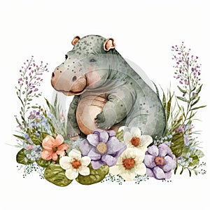 Cute Baby Baby Hippopotamus Floral, Spring Flowers, illustration ,clipart, isolated on white background