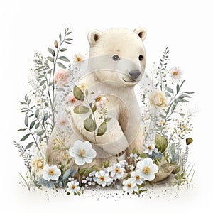 Cute Baby Baby Polar Bear Floral, Spring Flowers, illustration ,clipart, isolated on white background