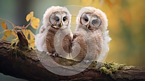 Cute Baby Barn Owls On Branch - Rtx Style Soft-focused Realism photo