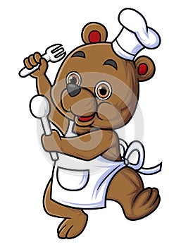 cute baby bear cartoon character wearing chef clothes carrying spoon and fork dancing