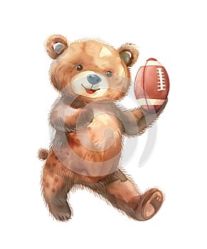 Cute baby bear playing American football isolated on white background.