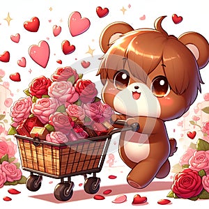 A cute baby bear pulling a carr, filled of rose flower, love sign arounds, cartoon, digital anime art, animal