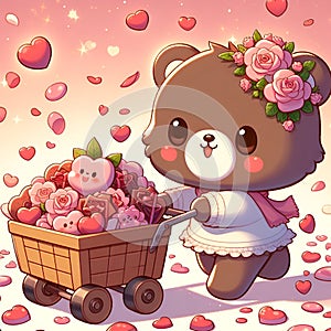 A cute baby bear pulling a cart in love scene, with chocolate and rose flower, love sign arounds, rose petals, cartoon