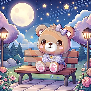 A cute baby bear sitting alone at a bench, in a whimsical park, at moonlit night, with stars, tree, cartoon, anime art
