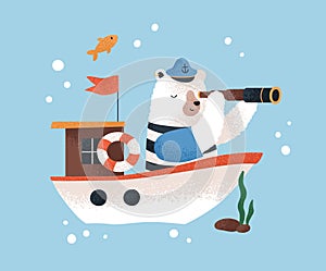 Cute baby bear traveling by ship. Sailor captain explorer with spyglass. Childrens animal character at sea journey