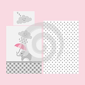 Cute baby bedsheet pattern - elephant with pink umbrella under rainy cloud