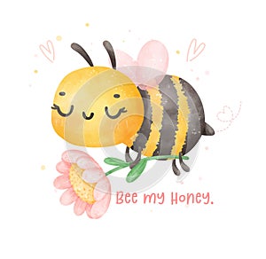 Cute baby bee flying and flower watercolor cartoon character hand painting illustration vector