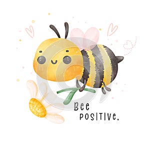 Cute baby bee flying and flower watercolor cartoon character hand painting illustration vector. Bee positive