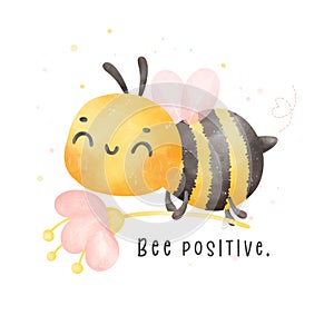 Cute baby bee flying and flower watercolor cartoon character hand painting illustration vector. Bee positive