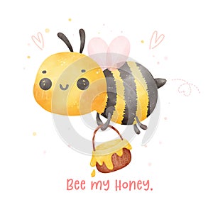Cute baby bee flying with honey bakset watercolor cartoon character hand painting illustration vector