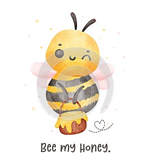 Cute baby bee with honey watercolor cartoon character hand painting illustration vector