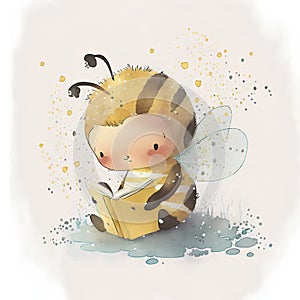 Cute baby bee reading a book. Watercolor illustration. Hand drawn.