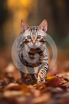 Cute baby bengal kitten in a bright autumn fall landscape with golden leaves