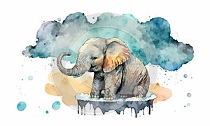 cute baby blue elephant sitting on soft cloud, baby shower birthday watercolour hand drawn cartoon animal vector eps 10