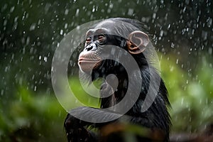 Cute Baby Bonobo chimpanzee under the rain. Amazing African Wildlife. Generative Ai