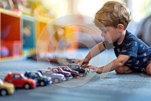 Cute baby boy building cars in row on the floor and playing with them. Stereotypical alignment of objects is a sign of autism.