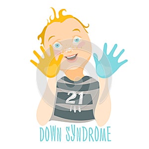Cute baby boy, child, with down syndrome and painted hands