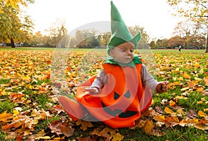 Cute Baby Boy Dressed As A Pumpkin Surrounded By Autumn Leaves