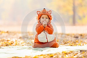 Cute baby boy dressed in fox costume.