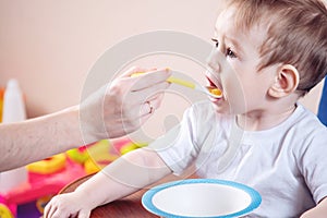 Cute baby boy eating on a chair in the kitchen. Mom feeds holding in hand a spoon of porridge