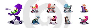 Cute Baby Boy and Girl in Carriage or Stroller Vector Set