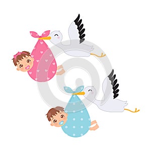 Cute baby boy and girl carried by a stork. Baby shower decoration clip art.