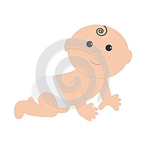 Cute baby boy girl crawling in diaper. Isolated. White background. Baby shower. Cartoon character. Flat design.