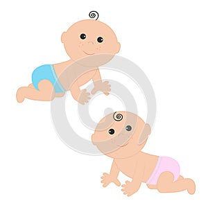 Cute baby boy and girl crawling in pink blue diaper icon set. Isolated. White background. Baby shower. Cartoon character. Flat des