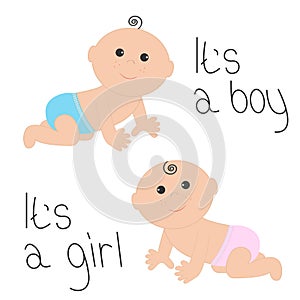 Cute baby boy and girl crawling in pink blue diaper icon set. Its a boy. Its a girl. Isolated. White background. Baby shower. Cart