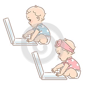 Cute baby boy or girl in diapers work on laptop
