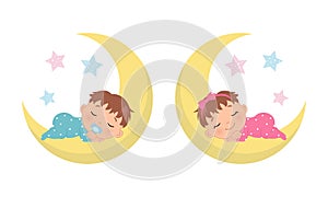 Cute baby boy and girl sleeping on crescent moon. Baby gender reveal illustration.