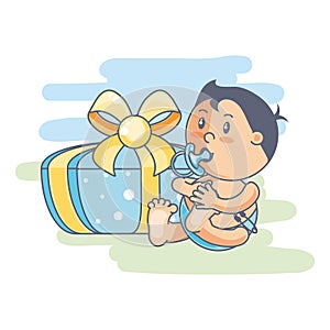 cute baby boy with pacifier and gift box