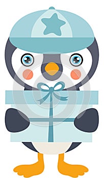 Cute baby boy penguin holding a gift box