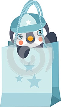 Cute baby boy penguin in shopping bag