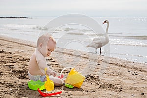 Cute baby boy playing with beach toys