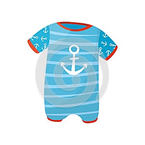 Cute baby boy romper with short sleeves and anchor print. Blue striped bodysuit for newborn child. Adorable kids garment