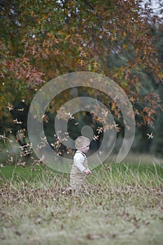 Cute baby boy running through Autumn leaves