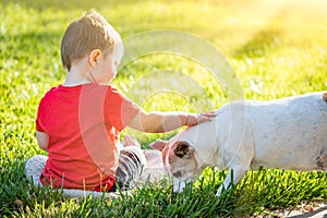 Cute Baby Boy Sitting In Grass Petting Dog