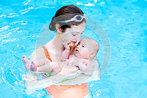 Cute baby boy in swimming pool with his mother