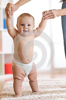 Cute baby boy taking first steps holding mother hands