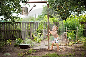 Cute baby boy taking water procedures in summer garden. Outdoor baby bathing. Funny little boy playing with garden hose in sunny b